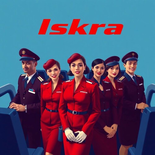 High-angle-perspective-travel-poster-for-Iskra-airline.-Early-1990s-Socialist-Realistic-style.-Multiracial-pilots-and-air-attendants-in-sleek-retro-futuristic-uniforms.-Rich-bu.jpg